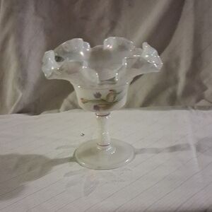 Opalescent white glass compote with hand-painted floral decoration by Fenton,